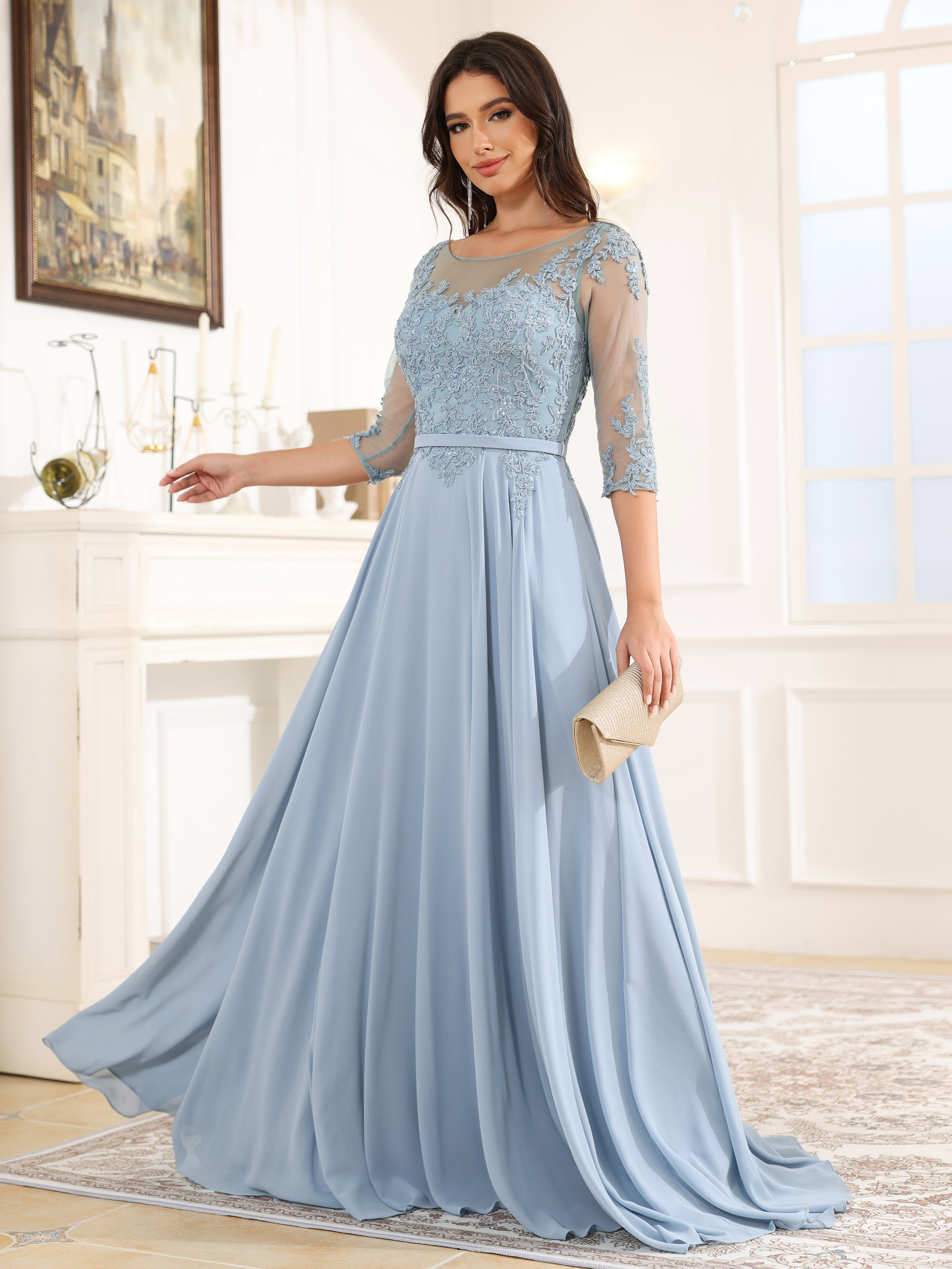 3/4 Length Sleeves A-Line Bateau Chiffon Long Prom Dress