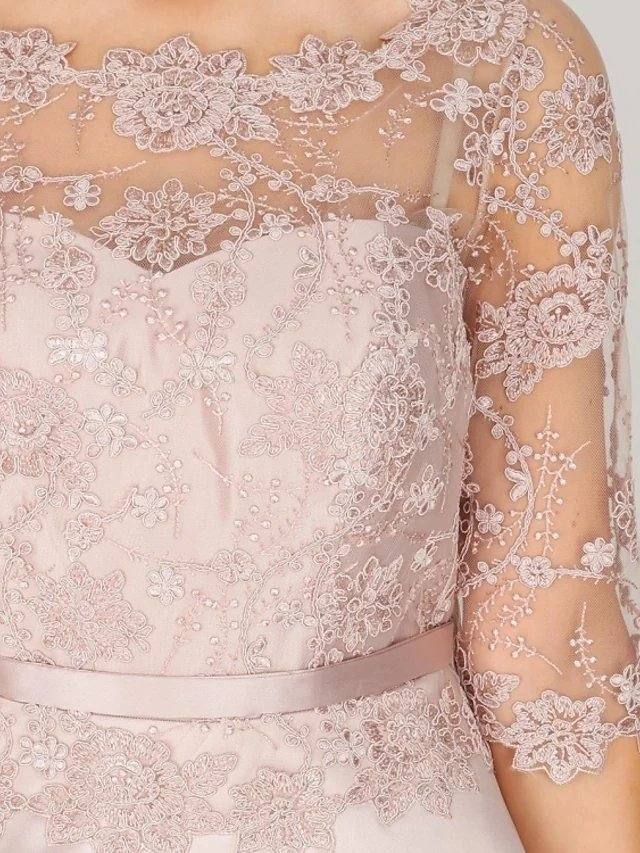 A-Line Mother of the Bride Dress Elegant Jewel Neck Tea Length Lace Satin 3/4 Length Sleeve with Embroidery - RongMoon