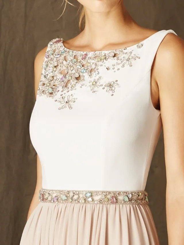 A-Line Mother of the Bride Dress Elegant Jewel Neck Floor Length Chiffon Sleeveless with Pleats Beading Split Front - RongMoon