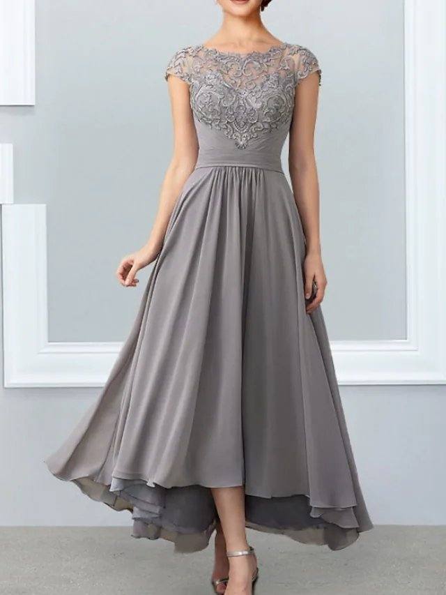 A-Line Mother of the Bride Dress Elegant Jewel Neck Ankle Length Chiffon Lace Sleeveless with Lace Appliques - RongMoon