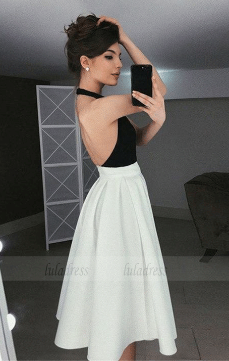 A-Line Halter Backless Tea-Length Ivory Homecoming Prom Dresses