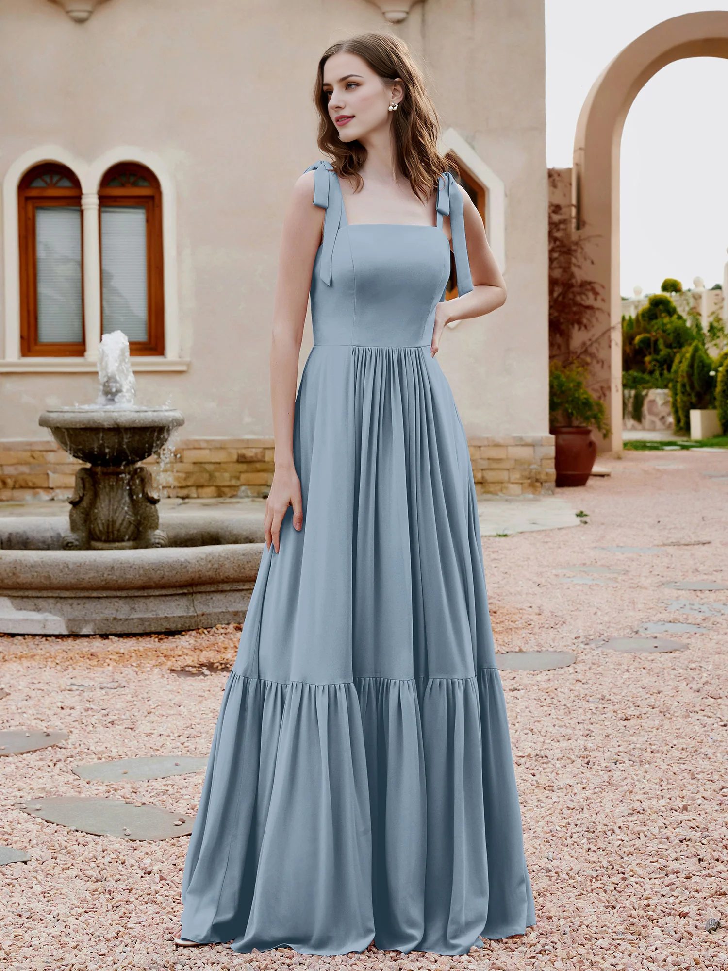 A-line butterfly bow ruffle sleeveless chiffon bridesmaid dress