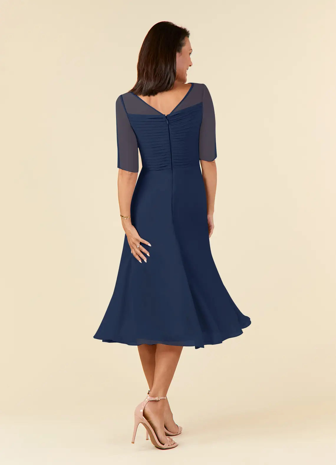 A-Line Dark Navy Boatneck Pleated Chiffon Dress Mother of the Bride Dresses