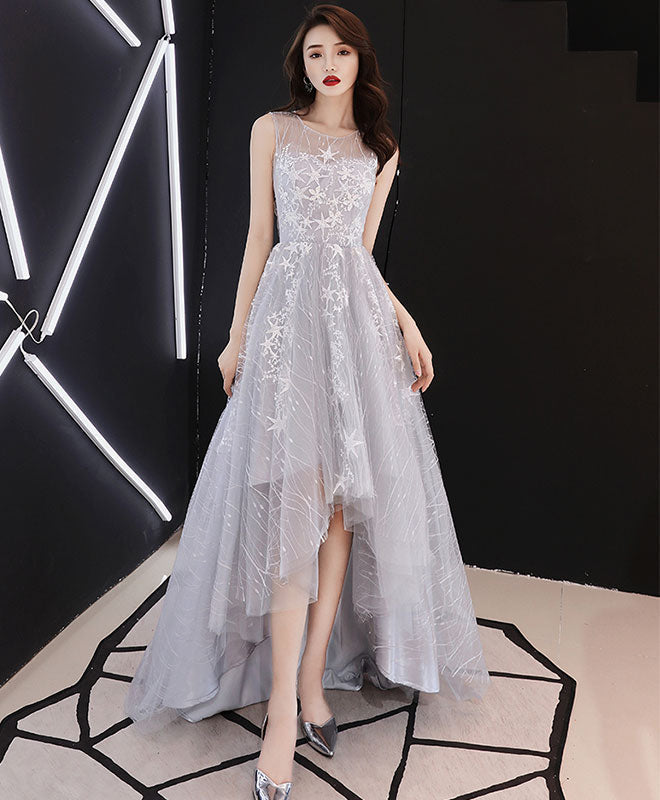 A line Hight Low Lace Prom Dresses, Gray Tulle Homecoming Dresses