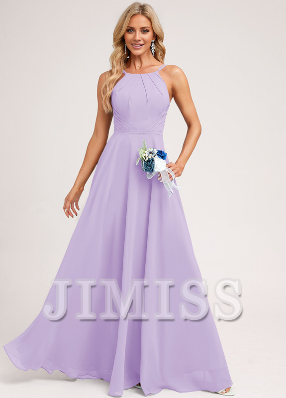 A-Line Halter Neck Floor Length Chiffon Bridesmaids Dress