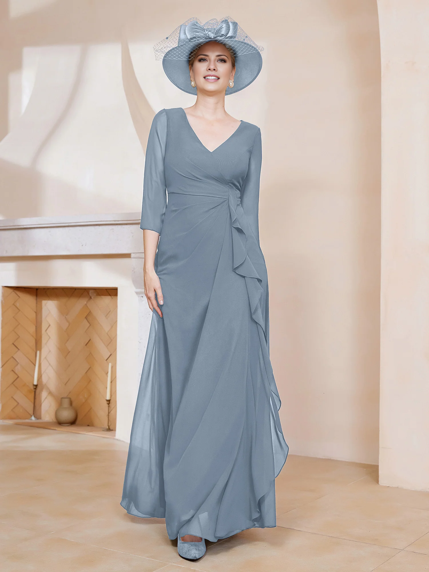 3/4 long sleeved V-neck pleated long mother of the bride dress