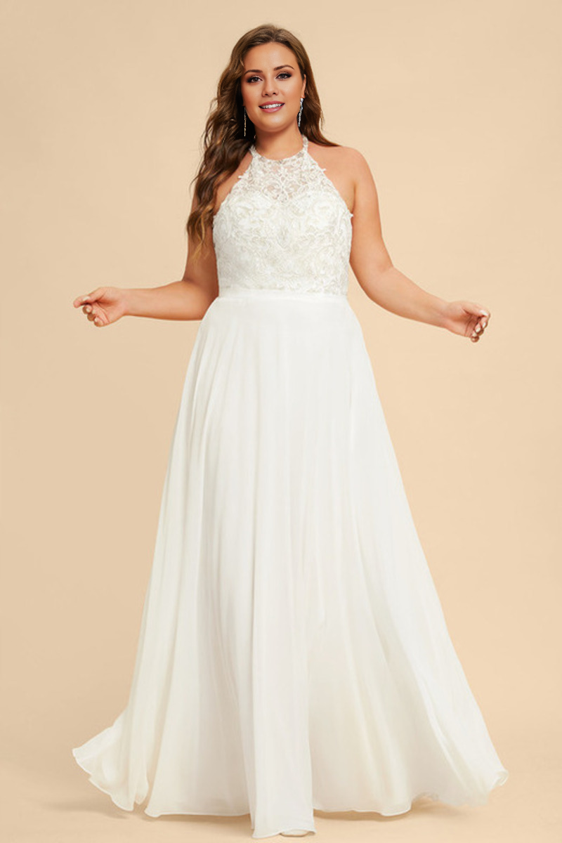 A-line high neck and sleeveless lace chiffon wedding dress