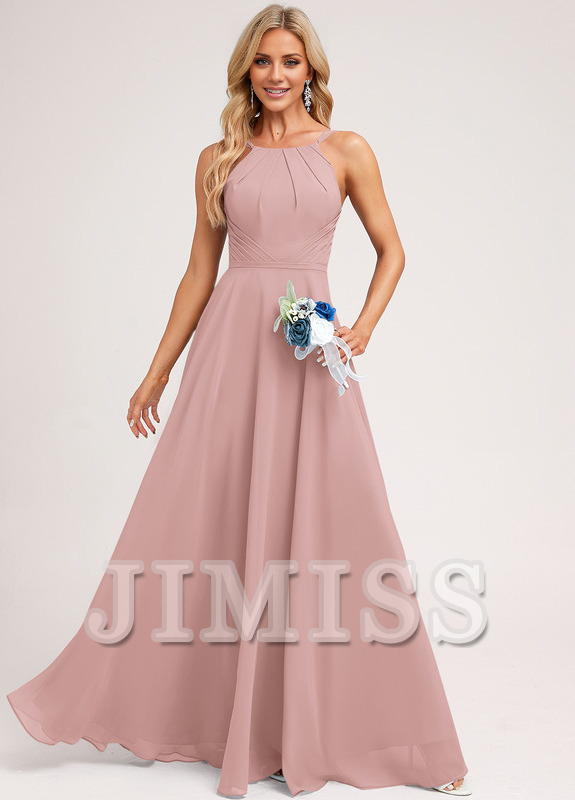 A-Line Halter Neck Floor Length Chiffon Bridesmaids Dress
