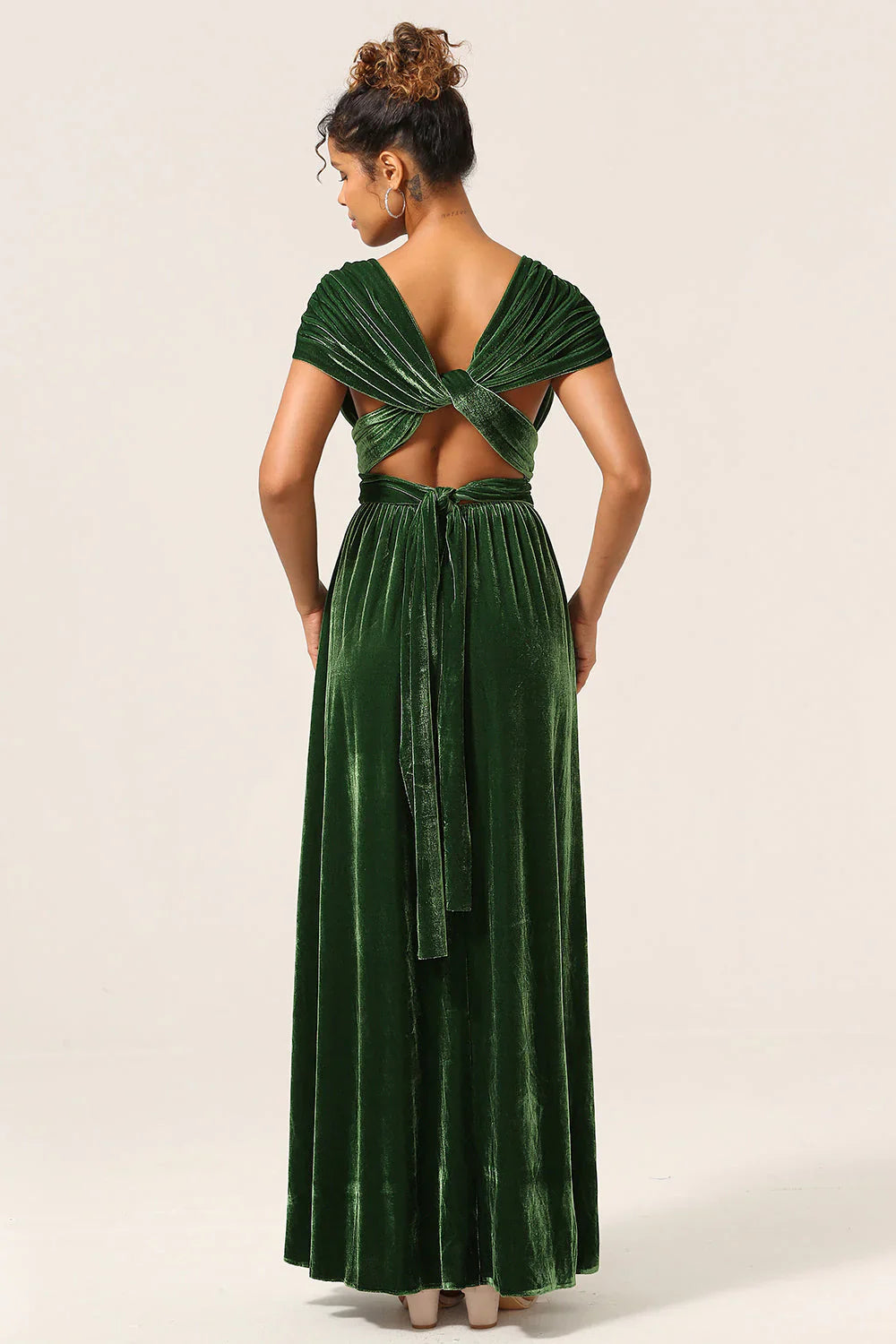 A Line V Neck Covertible Wear Velvet Long Bridesmaid Dress