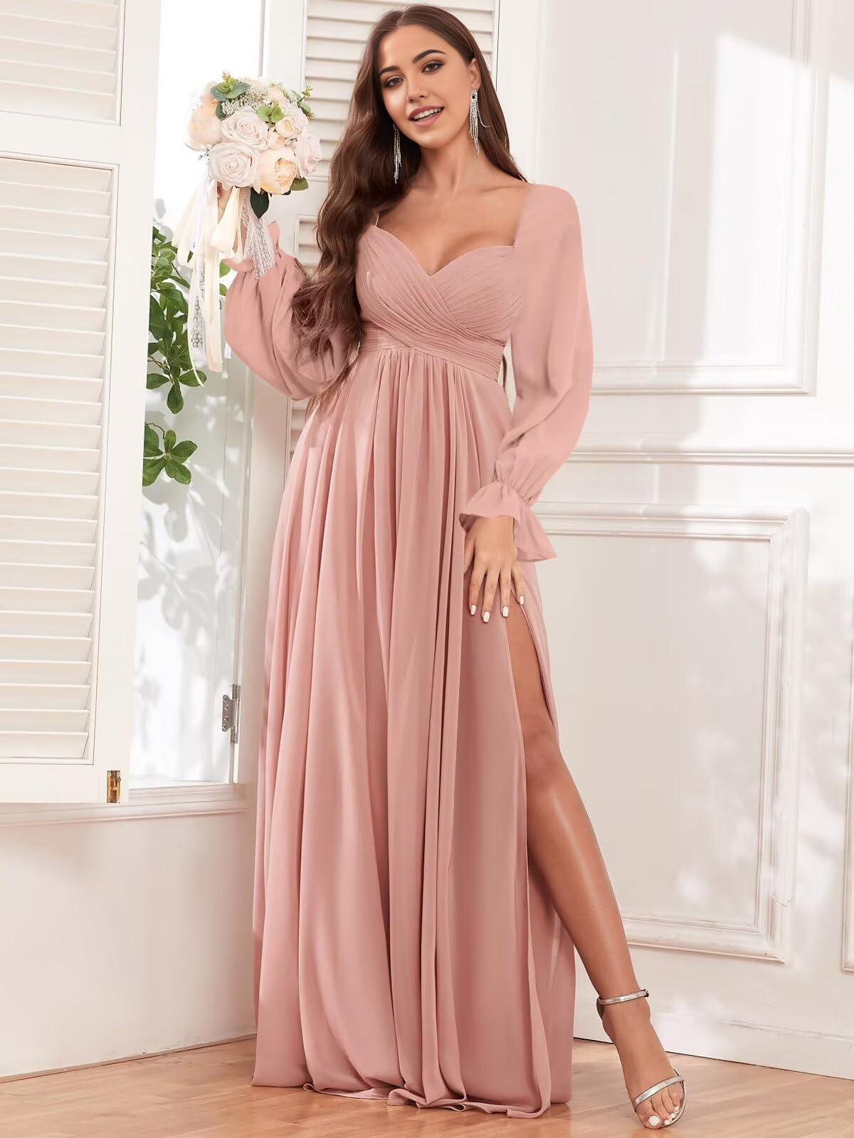 A-line Chiffon Long Sleeve Pleated formal dresses Bridesmaid Dresses evening gown Prom Dress with Slit