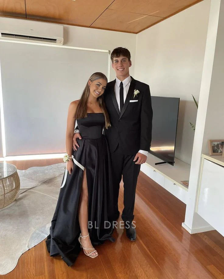 A Line Strapless Black Satin formal dresses Bridesmaid Dresses evening gown Prom Dress With Split
