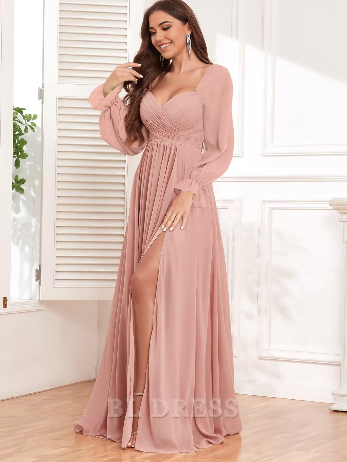 A-line Chiffon Long Sleeve Pleated formal dresses Bridesmaid Dresses evening gown Prom Dress with Slit