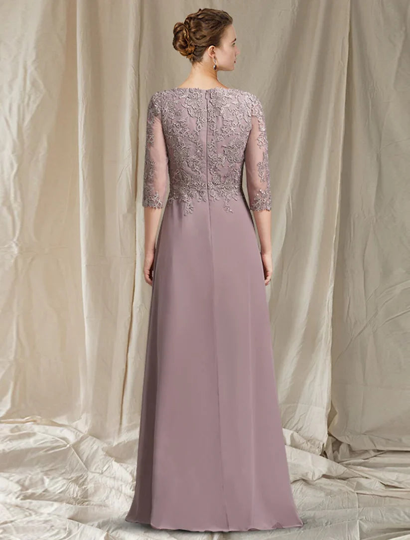 A-Line Mother of the Bride Dress Elegant Jewel Neck Floor Length Chiffon Lace 3/4 Length Sleeve with Appliques