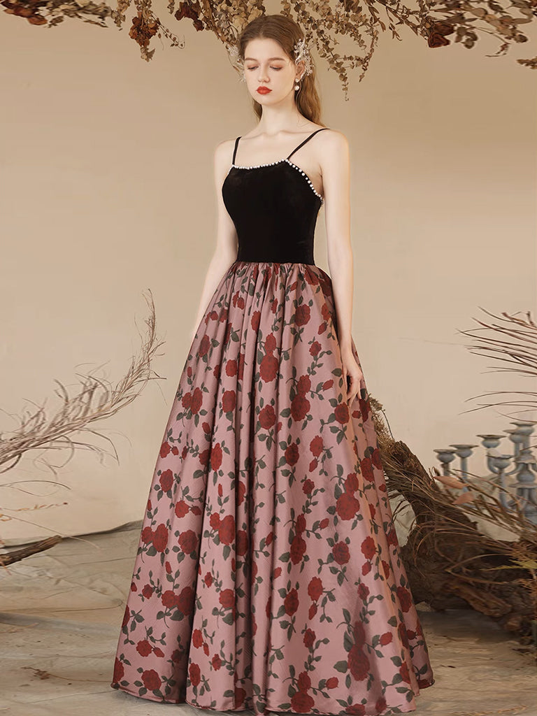 A-Line Black Velvet Satin Long Prom Dress, Black Long Formal Dress