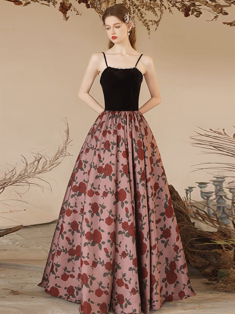 A-Line Black Velvet Satin Long Prom Dress, Black Long Formal Dress