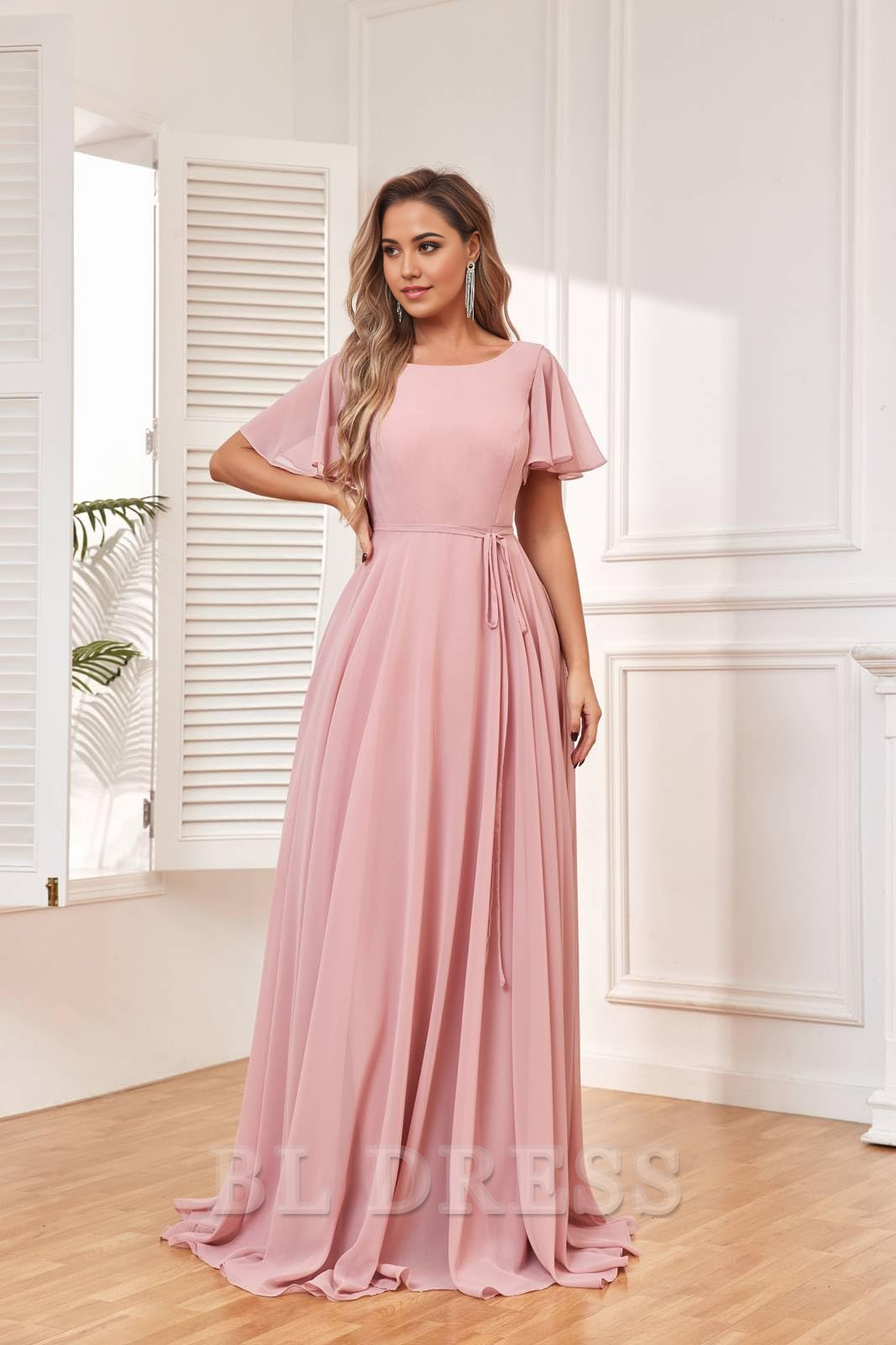 A Line Bateau Neck Chiffon Flutter Sleeve formal dresses Bridesmaid Dresses evening gown Prom Dress