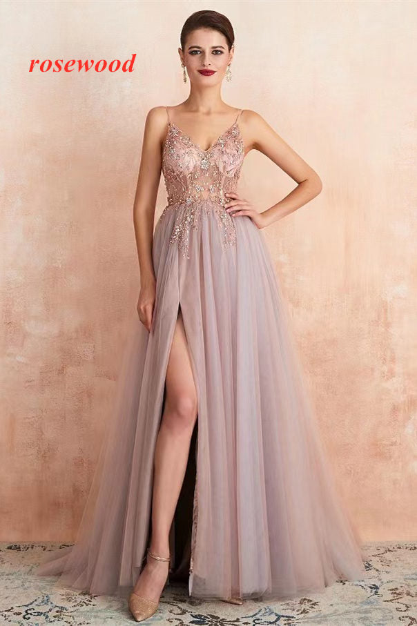 A-Line Beaded Long Rosewood Prom Dress with Split