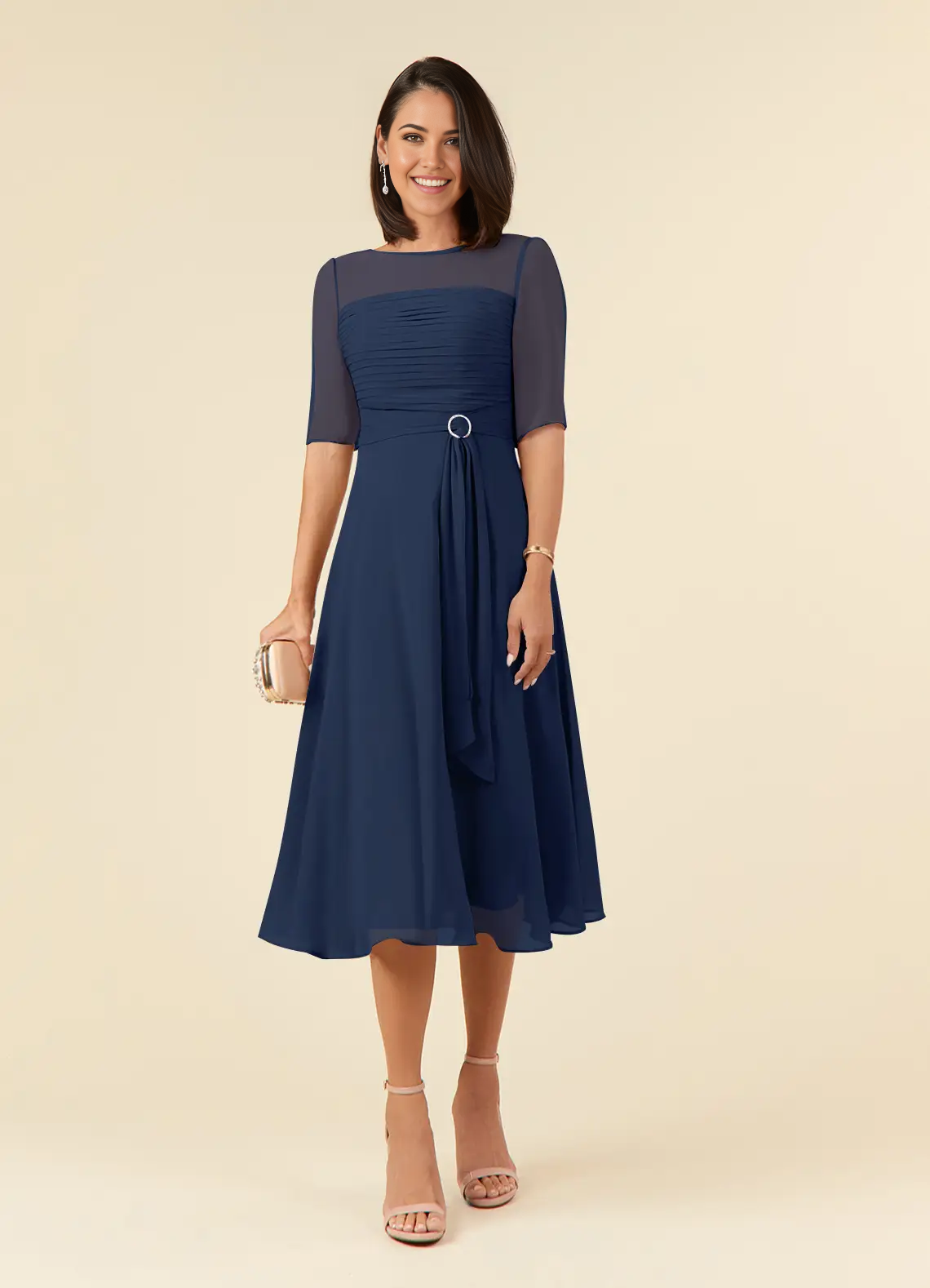 A-Line Dark Navy Boatneck Pleated Chiffon Dress Mother of the Bride Dresses