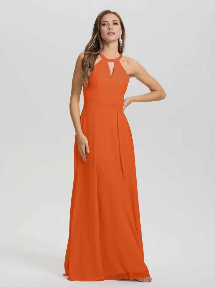 A-line keyhole collar sleeveless chiffon and floor length bridesmaid dress