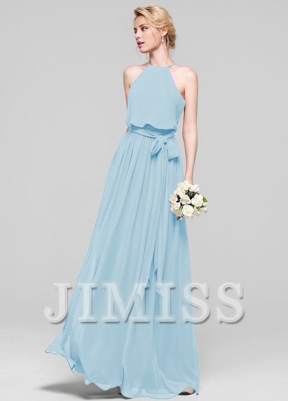 A-line low round neck bow floor mopping chiffon bridesmaid dress