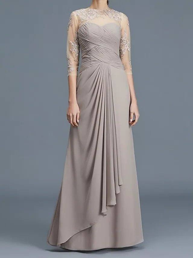 A-Line Mother of the Bride Dress Elegant Illusion Neck Floor Length Chiffon Lace 3/4 Length Sleeve with Lace Appliques Ruching - RongMoon