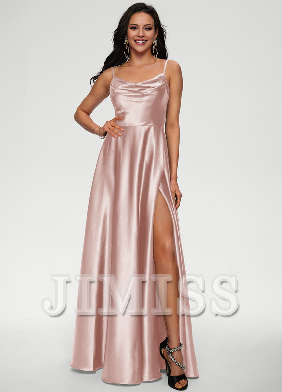 A-line draped floor-length satin prom dress