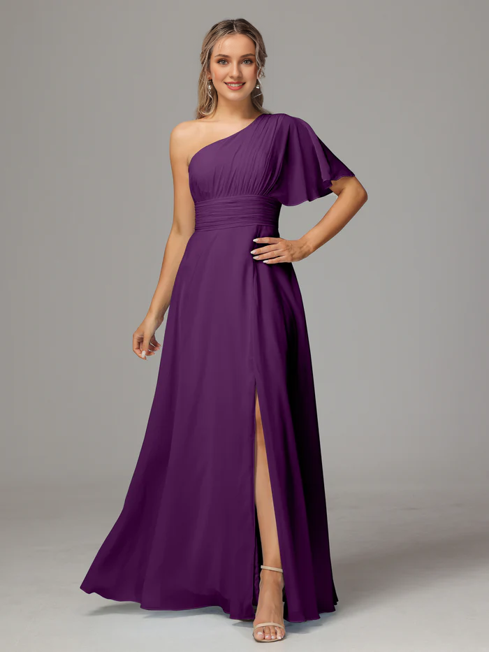 A shoulder slit chiffon bridesmaid dress