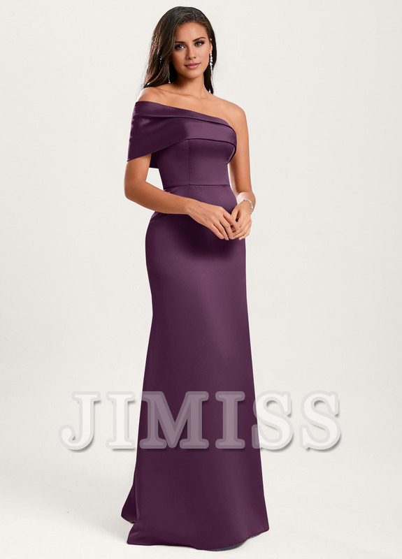 A-line asymmetric neckline floor-length satin bridesmaids dress