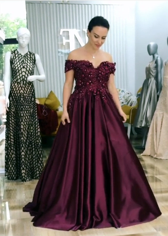 A-line Floor Length Satin Evening Dress Lace Embroidery