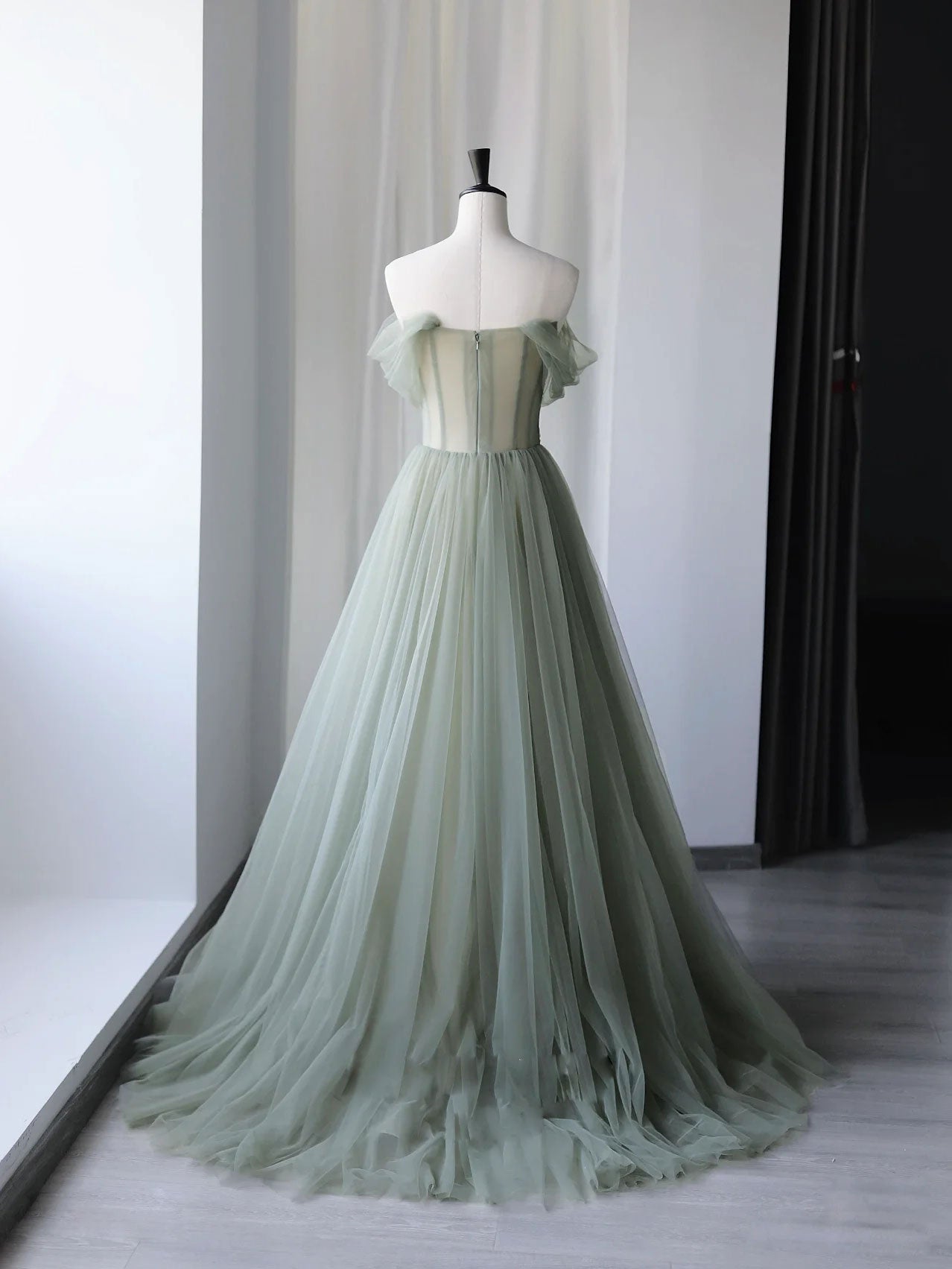 A-Line Green Tulle Long Prom Dresses, Green Formal Evening Dresses