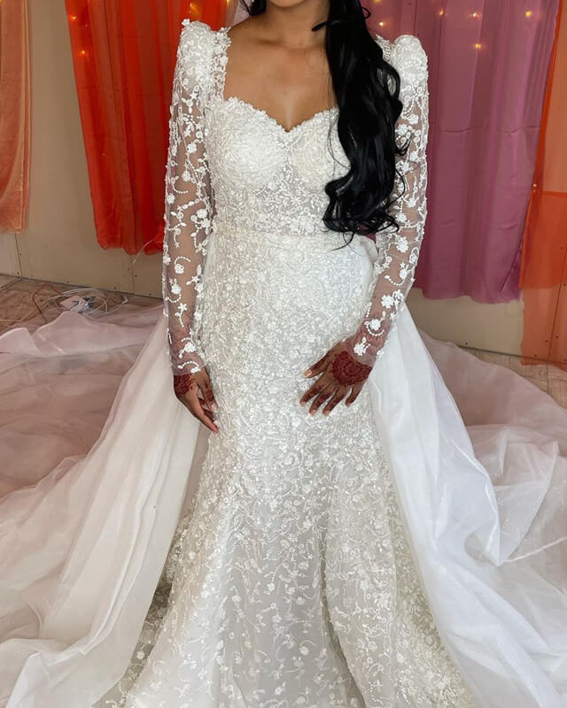 80s style mermaid lace sleeve wedding dress with removable skirt