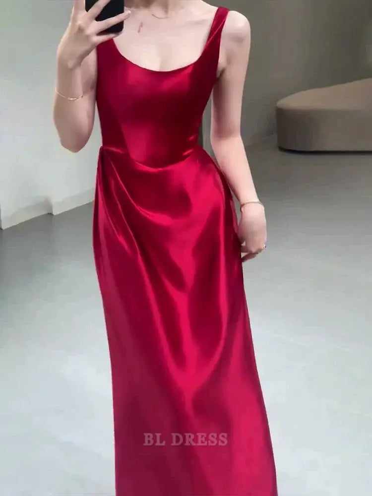 A line Straps Red Satin Long Floor Length formal dresses Bridesmaid Dresses evening gown Prom Dress