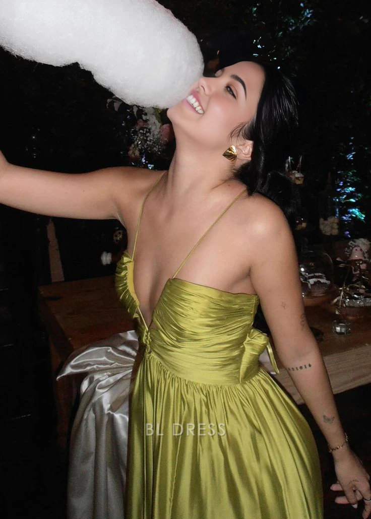 A-line Halter Satin Ruched Green Long formal dresses Bridesmaid Dresses evening gown Prom Dress