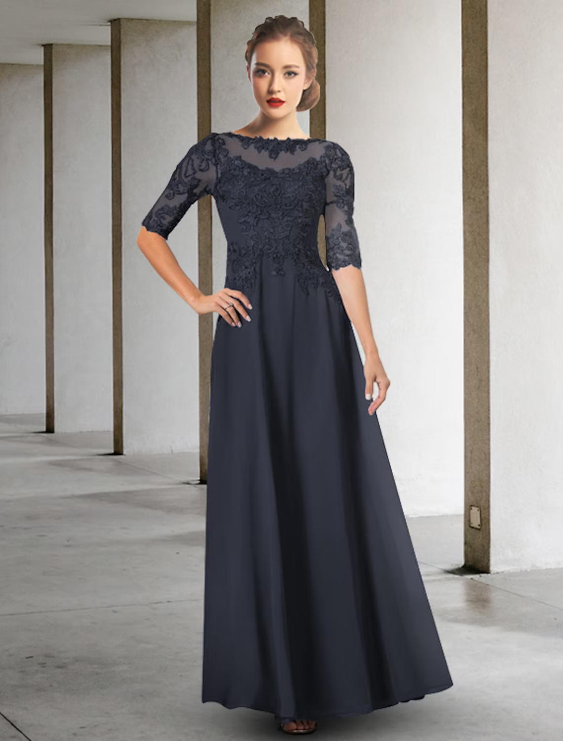 A-Line Mother of the Bride Dress Elegant  Floor Length Chiffon Lace Half Sleeve with Appliques