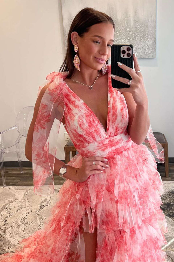 A Line V-NecK Tie Straps Floral Print Tulle Layered Long Prom Dress With Slit