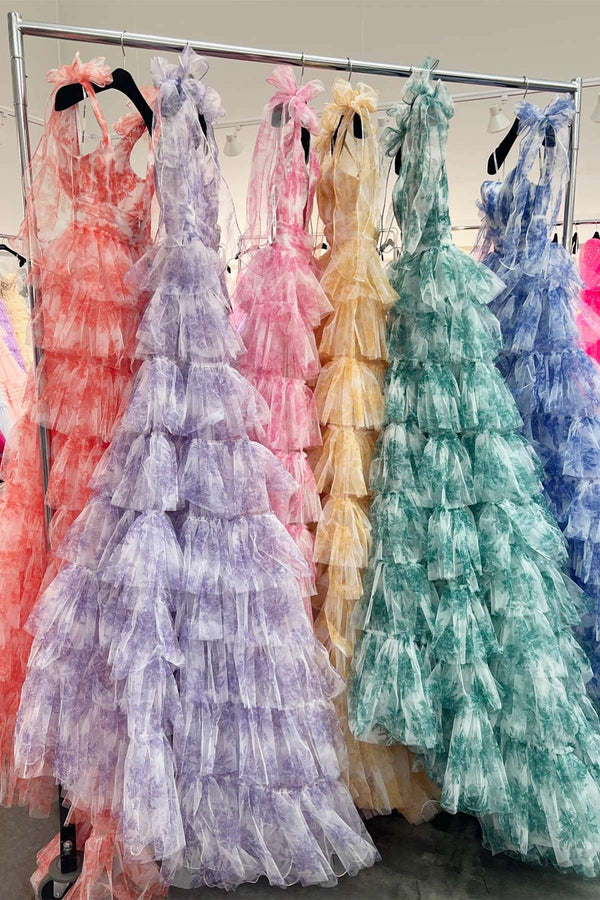 A Line V-NecK Tie Straps Floral Print Tulle Layered Long Prom Dress With Slit