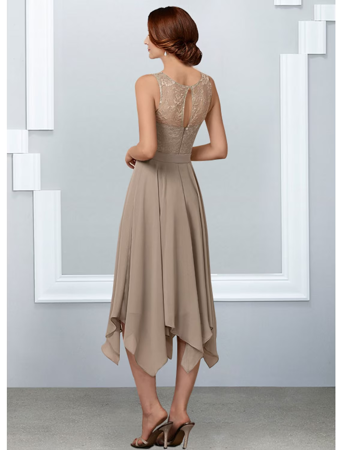 A-Line Mother of the Bride Dress Elegant Chiffon Lace Half Sleeve with Pleats