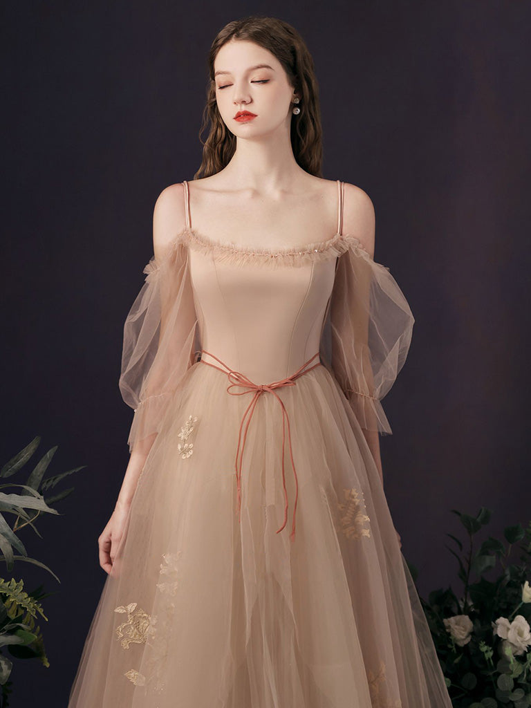 A-Line Champagne Long Prom Dress, Champagne Tulle Formal Evening Dress