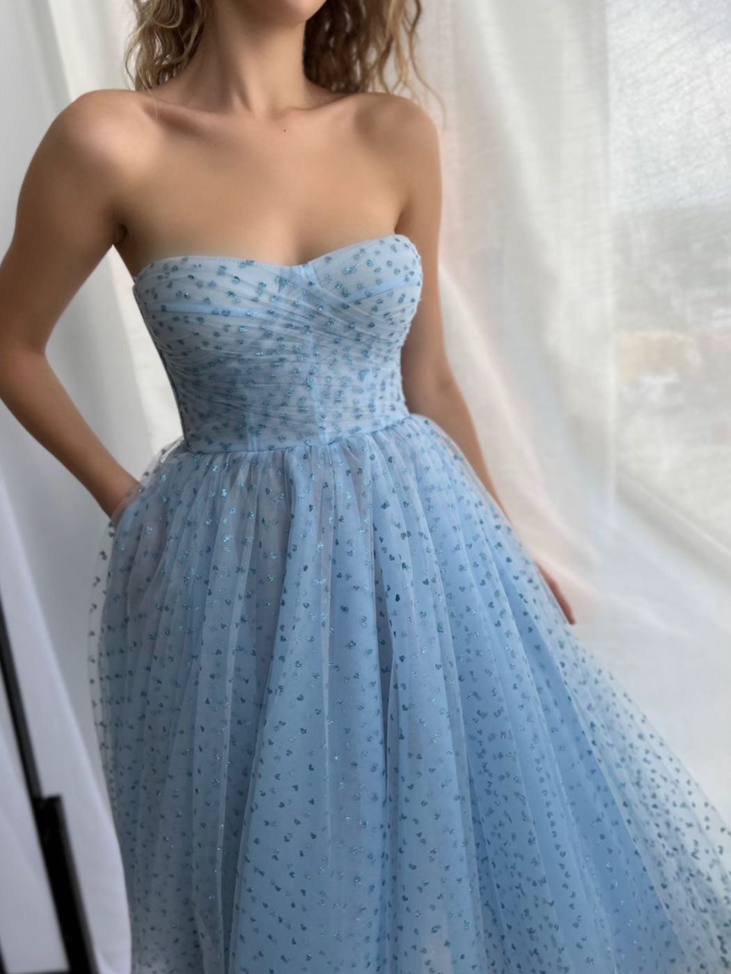 A line Blue Tulle Short Prom Dresses, Blue Formal Homecoming Dresses