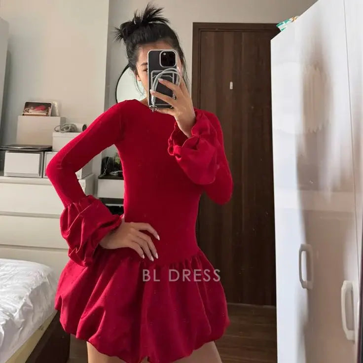 A Line Crew Neck Red Long Sleeves formal dresses Bridesmaid Dresses evening gown Prom Dress Homecoming Dress