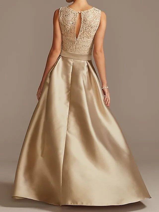 A-Line Mother of the Bride Dress Elegant Jewel Neck Asymmetrical Satin Sleeveless with Bow(s) - RongMoon