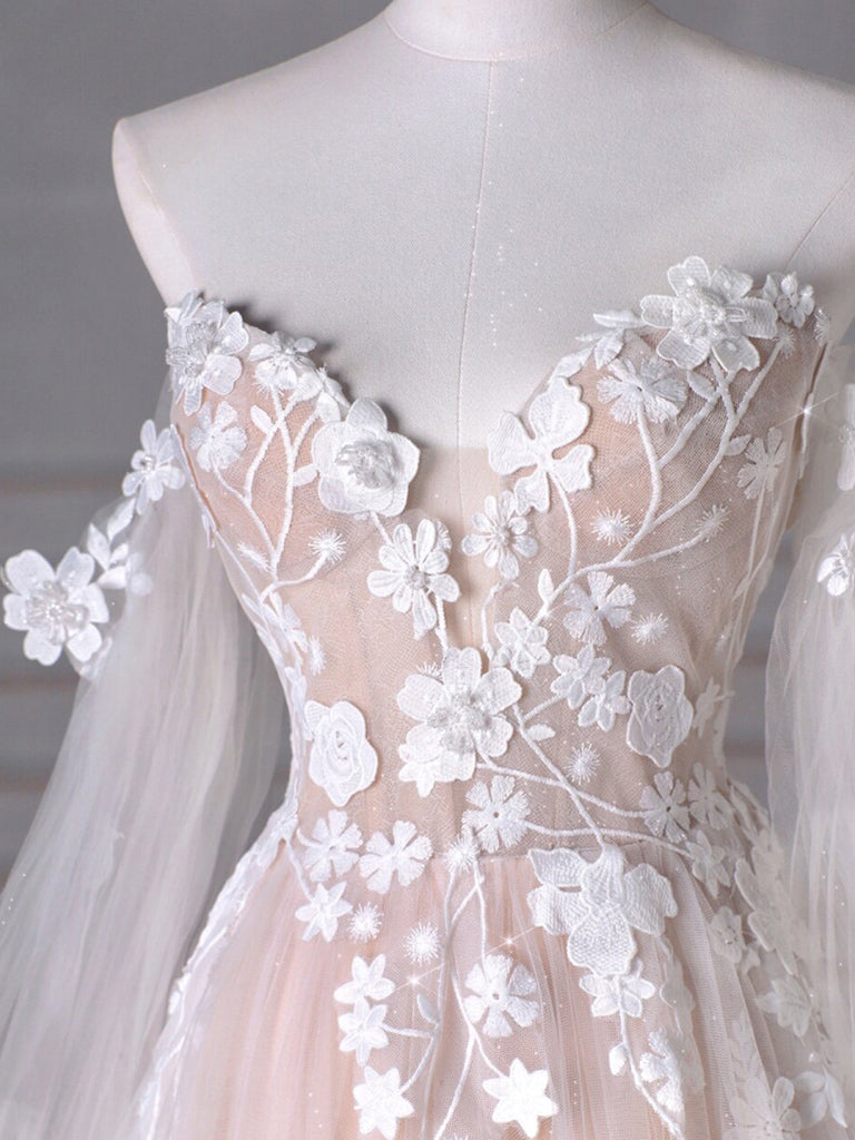 A-Line Long Sleeves Tulle Lace Champagne Long Prom Dress, Champagne Long Formal Dress