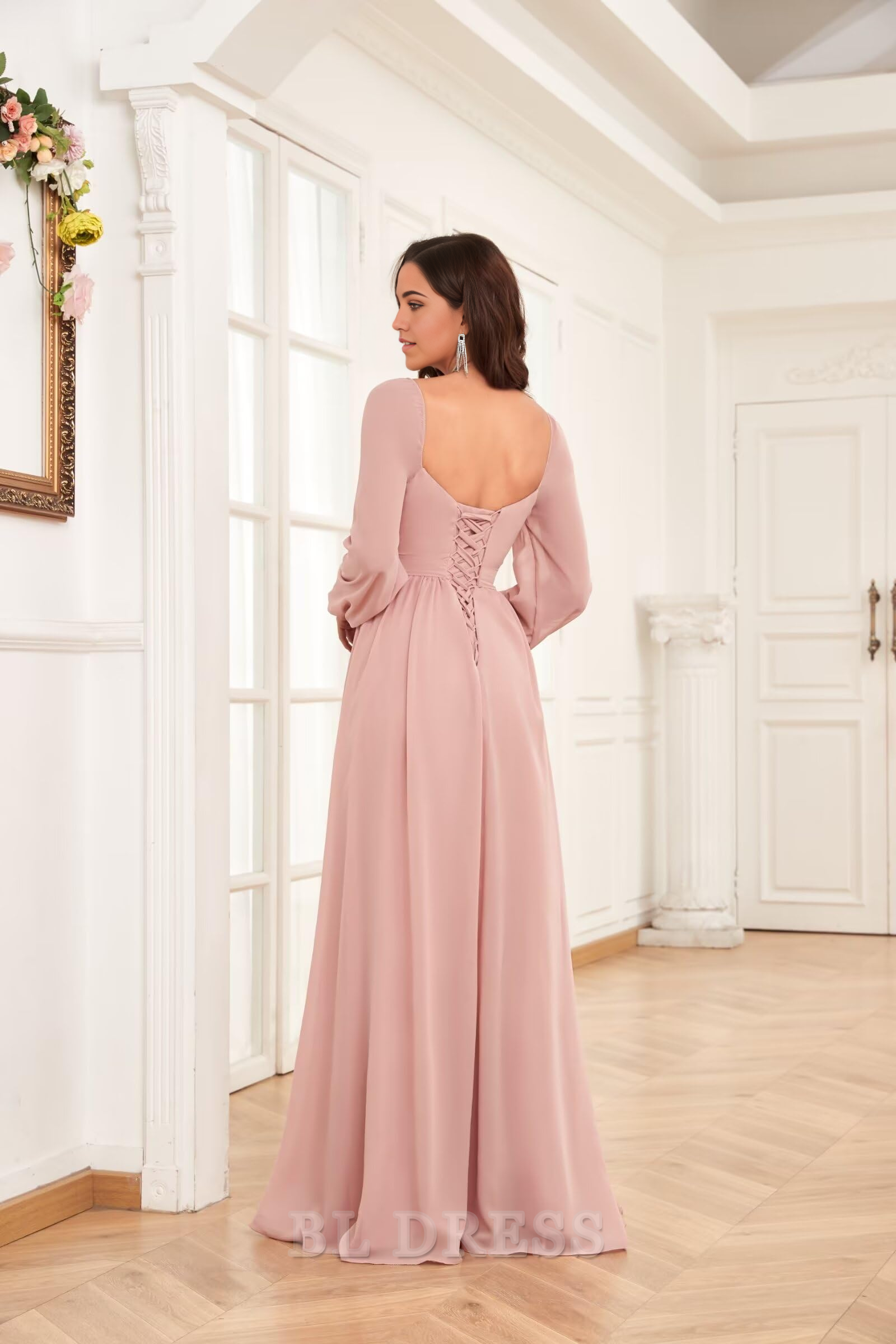 A-line Long Sleeve Pleated Chiffon formal dresses Bridesmaid Dresses evening gown Prom Dress with Slit
