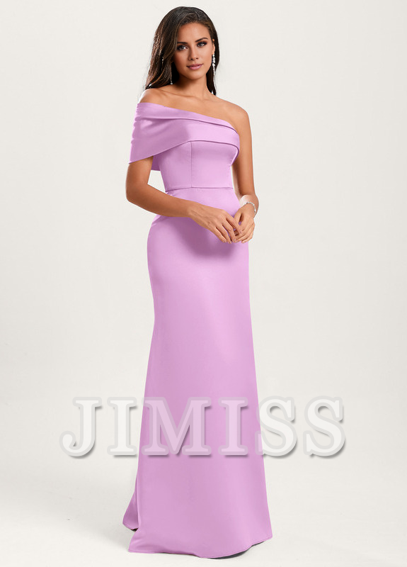 A-line asymmetric neckline floor-length satin bridesmaids dress
