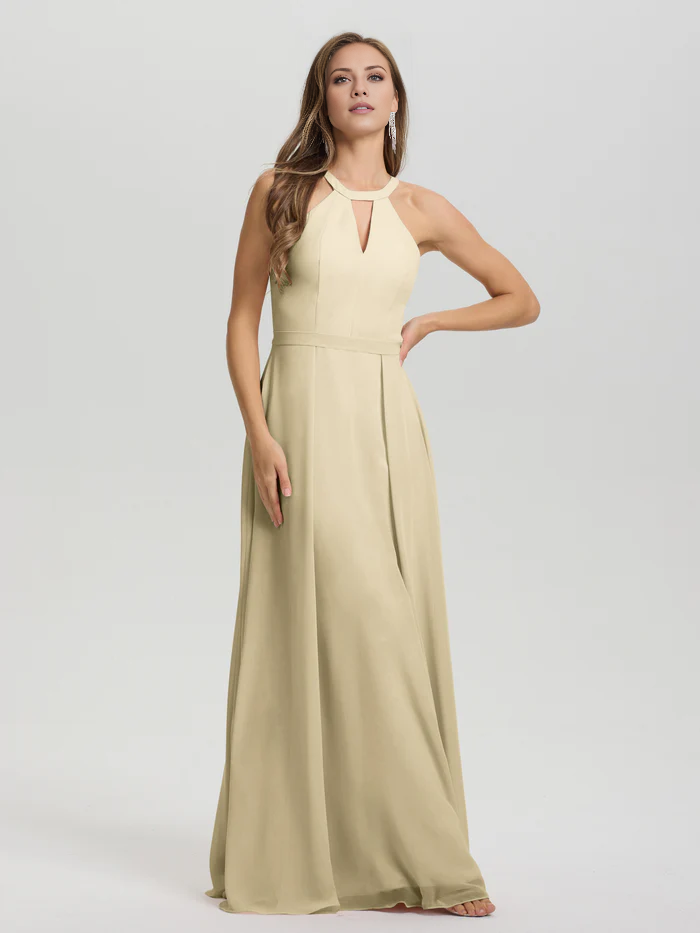 A-line keyhole collar sleeveless chiffon and floor length bridesmaid dress