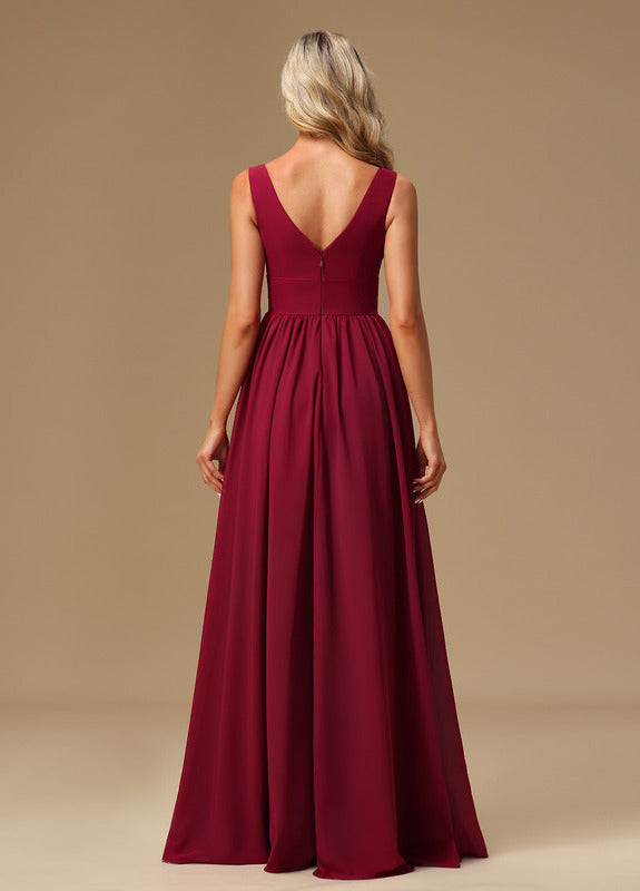 A-line dress V-neck floor-length chiffon bridesmaid dress