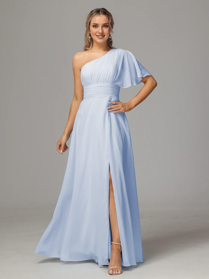 A shoulder slit chiffon bridesmaid dress