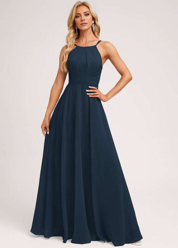 A-Line Halter Neck Floor Length Chiffon Bridesmaids Dress