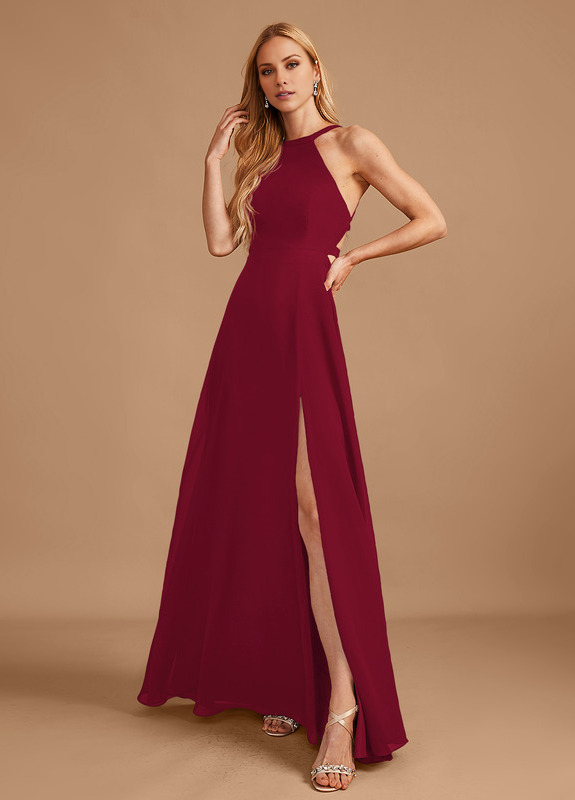 A-line high neck floor length chiffon bridesmaid dress