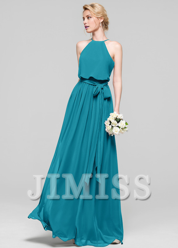 A-line low round neck bow floor mopping chiffon bridesmaid dress